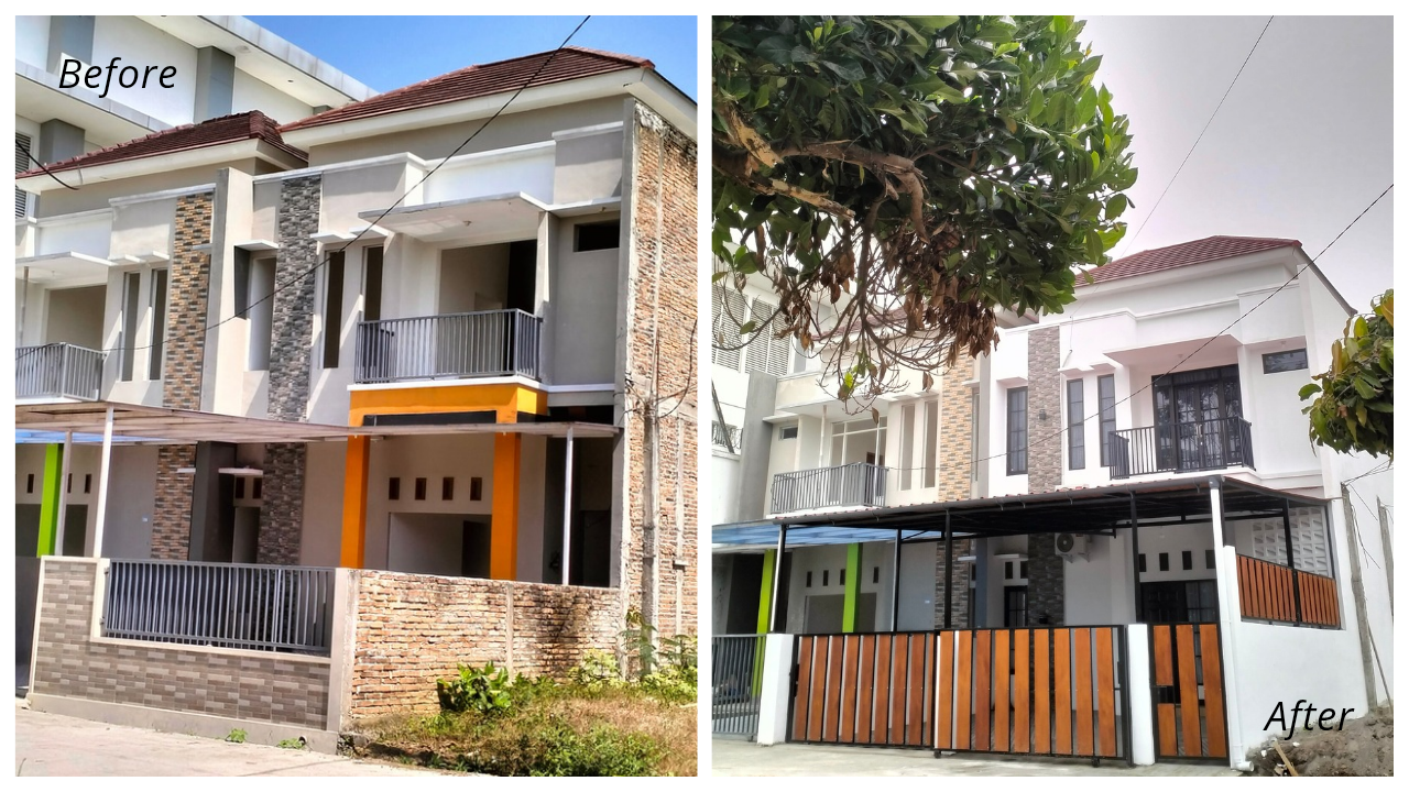 Fasad rumah setelah renovasi di Magelang oleh Vitruvian Indonesia Konstruksi dengan desain modern dan garasi dua mobil