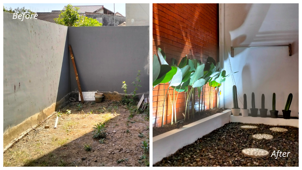 Before dan after renovasi taman rumah di Magelang dengan dinding privasi lebih tinggi, aksen bata tempel, atap semi terbuka, serta taman kering menggunakan batu split