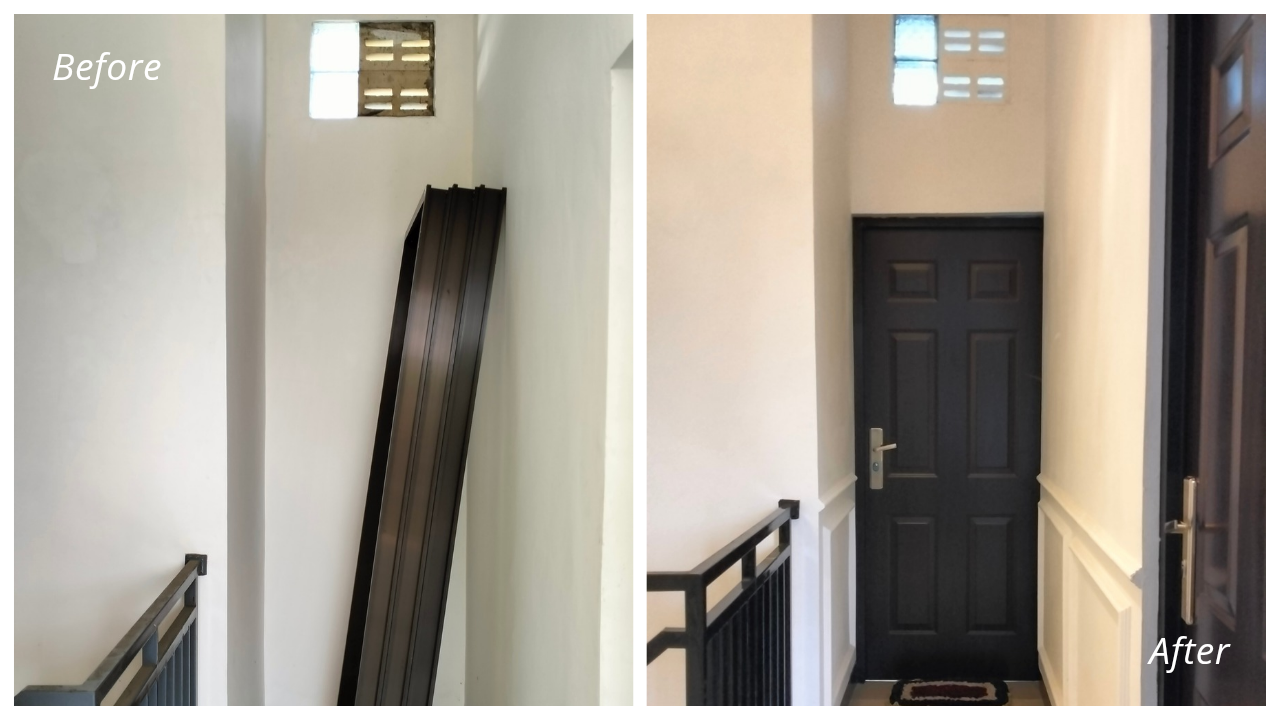 Before dan after penambahan dak lantai 2 untuk menciptakan kamar tambahan pada proyek rumah di Magelang.