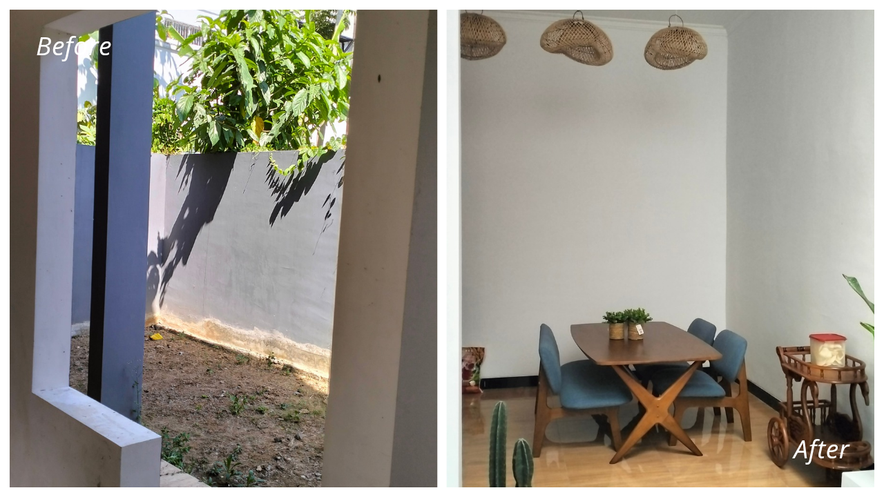 Transformasi area belakang rumah menjadi ruang makan yang menghadap taman setelah proses renovasi.