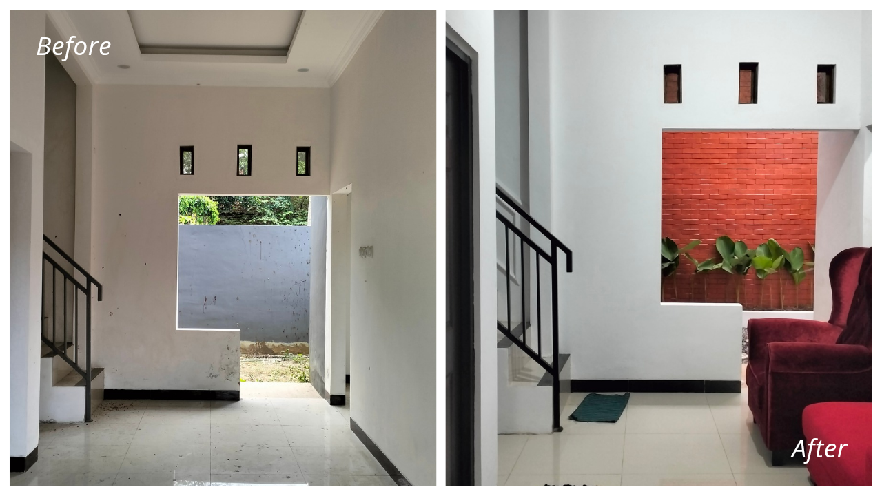 Before dan after ruang tengah setelah proses finishing dan pengecatan pada proyek renovasi rumah di Magelang.